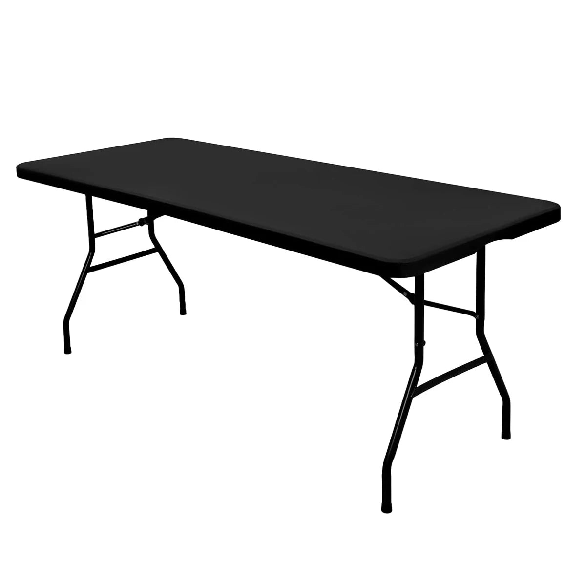 Black stretch spandex tablecloth set with black metal legs.