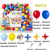 A collection of colorful balloons, including solid colors and star foil accents, displayed with various sizes and a balloon t