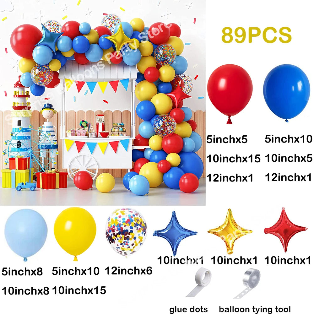 A collection of colorful balloons, including solid colors and star foil accents, displayed with various sizes and a balloon t