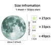 A full moon with 103 stars is shown, illustrating size information for glow in the dark wall decals.