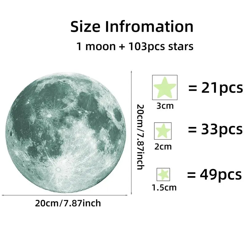 A full moon with 103 stars is shown, illustrating size information for glow in the dark wall decals.