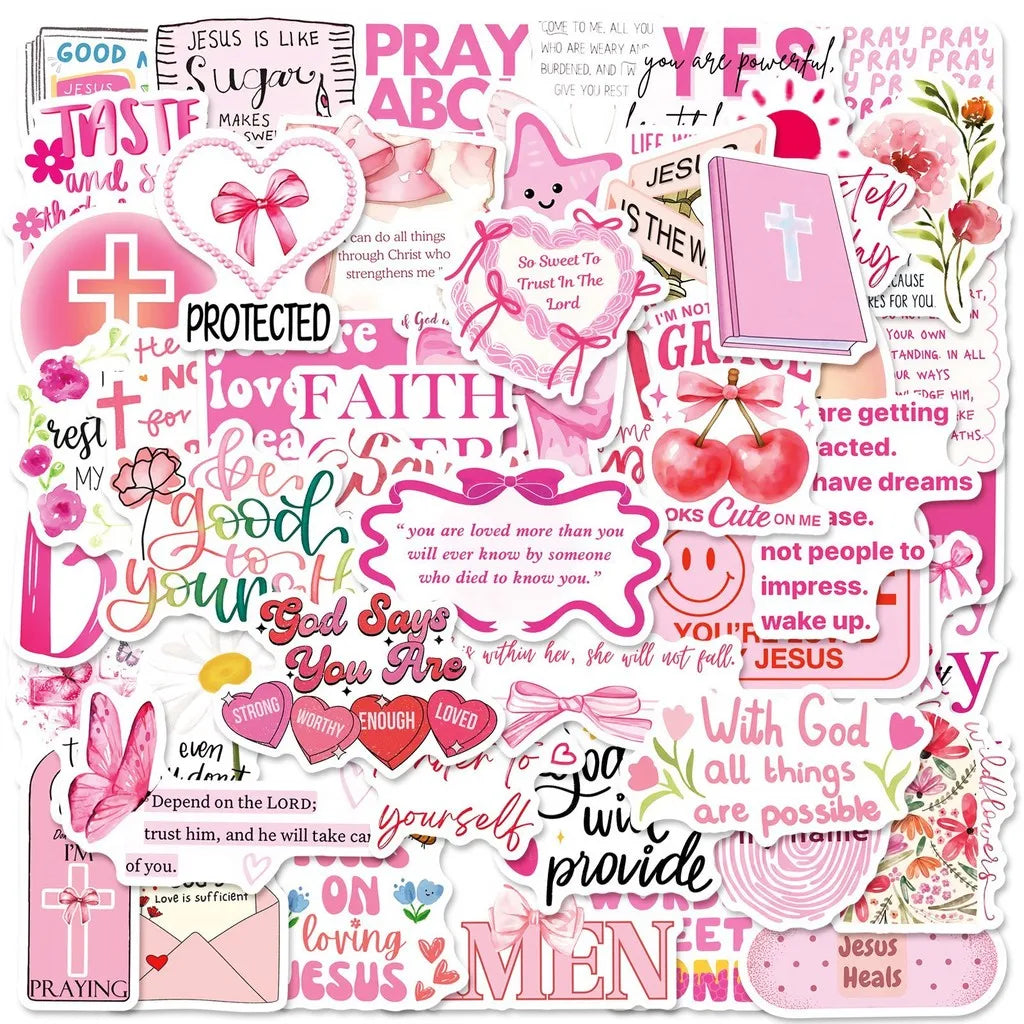 A collection of Jesus phrase graffiti stickers featuring motivational and faith-based messages on various shapes and colors.