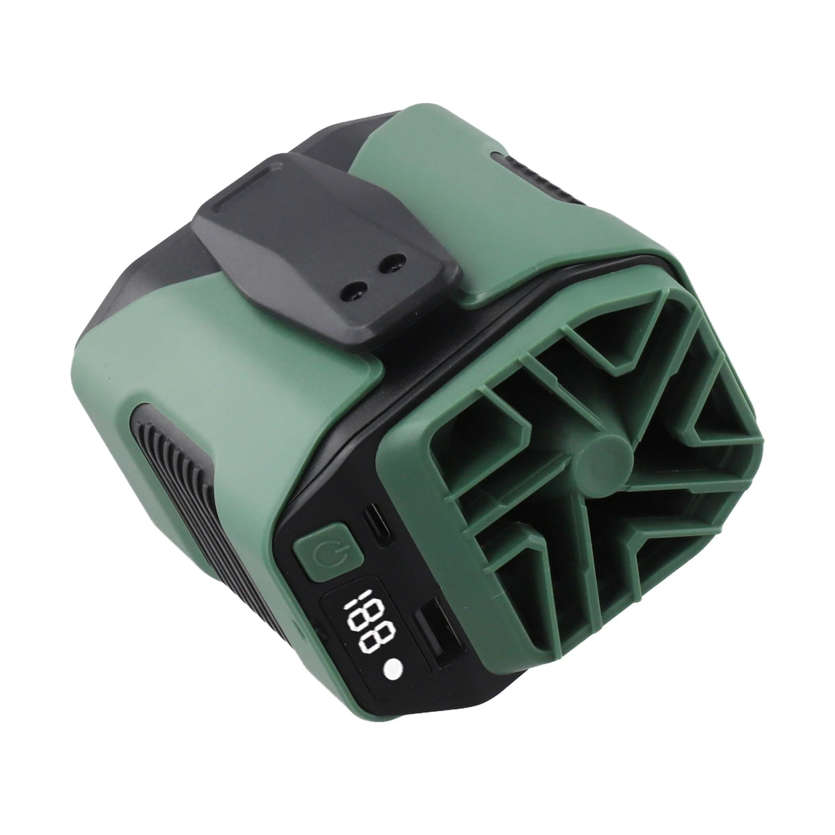 A portable rechargeable waist fan in a muted green color with a black casing and an LED display showing 88.