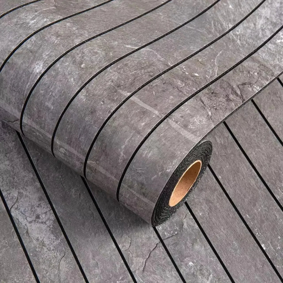 Roll of self-adhesive 3D wood grain wall panels in gray texture