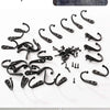 A collection of black rustproof zinc alloy wall hooks with screws for hanging coats, bags, and towels.