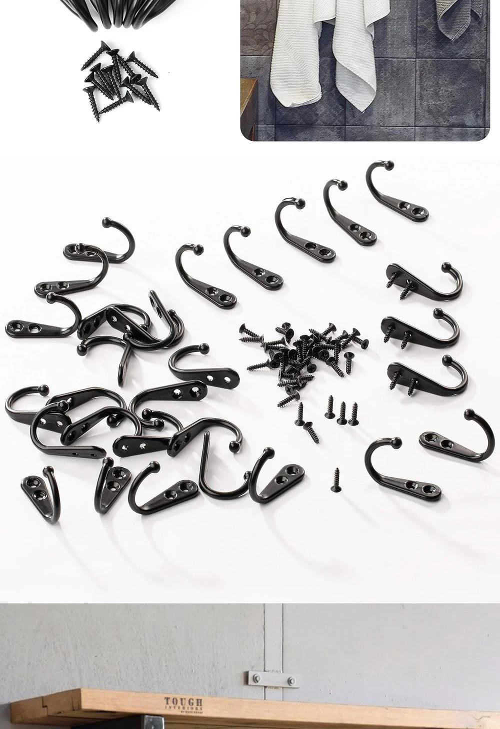 A collection of black rustproof zinc alloy wall hooks with screws for hanging coats, bags, and towels.