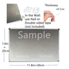 A rectangular metal sample board showing dimensions and thickness, with instructions for installation in a wall.
