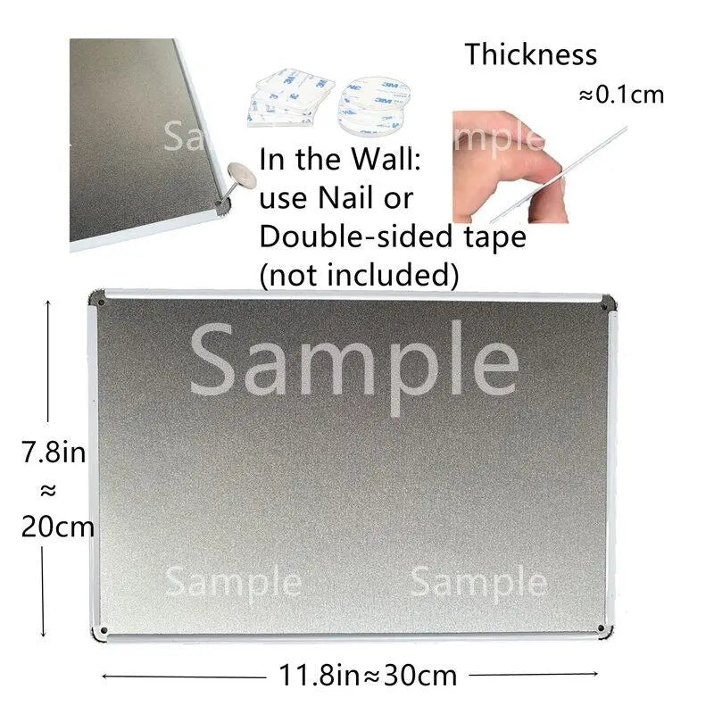 A rectangular metal sample board showing dimensions and thickness, with instructions for installation in a wall.