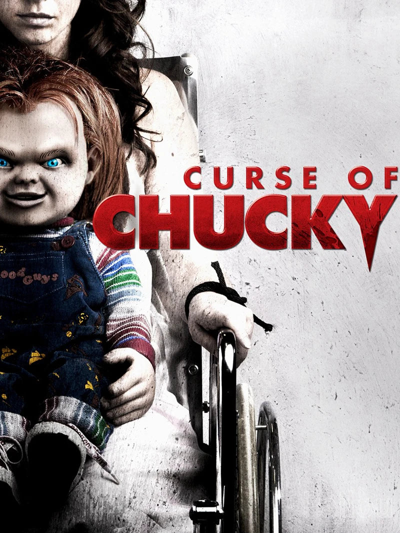 A movie poster for Curse of Chucky featuring a close-up of Chucky and his mother.