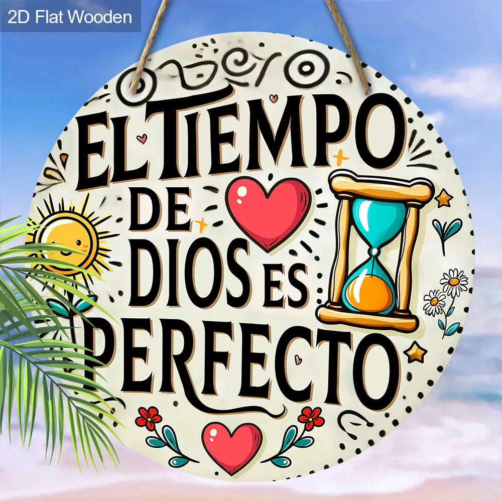 A round wooden plaque featuring the Spanish quote El tiempo de Dios es perfecto surrounded by decorative elements and a palm 