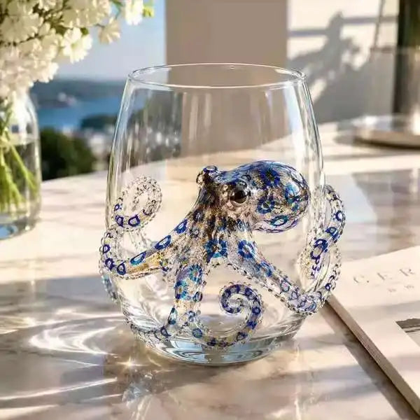 Handcrafted blue-ringed octopus decor inside a clear stemless wine glass