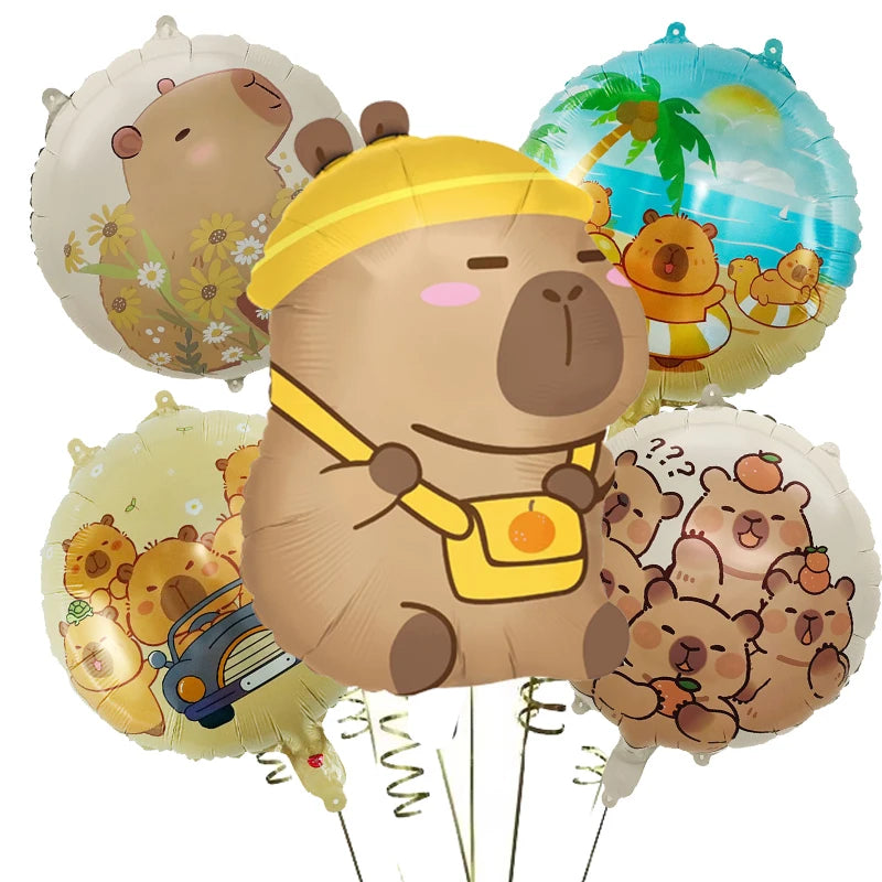 A set of cartoon capybara foil balloons featuring a bear wearing a yellow hat and a yellow vest.