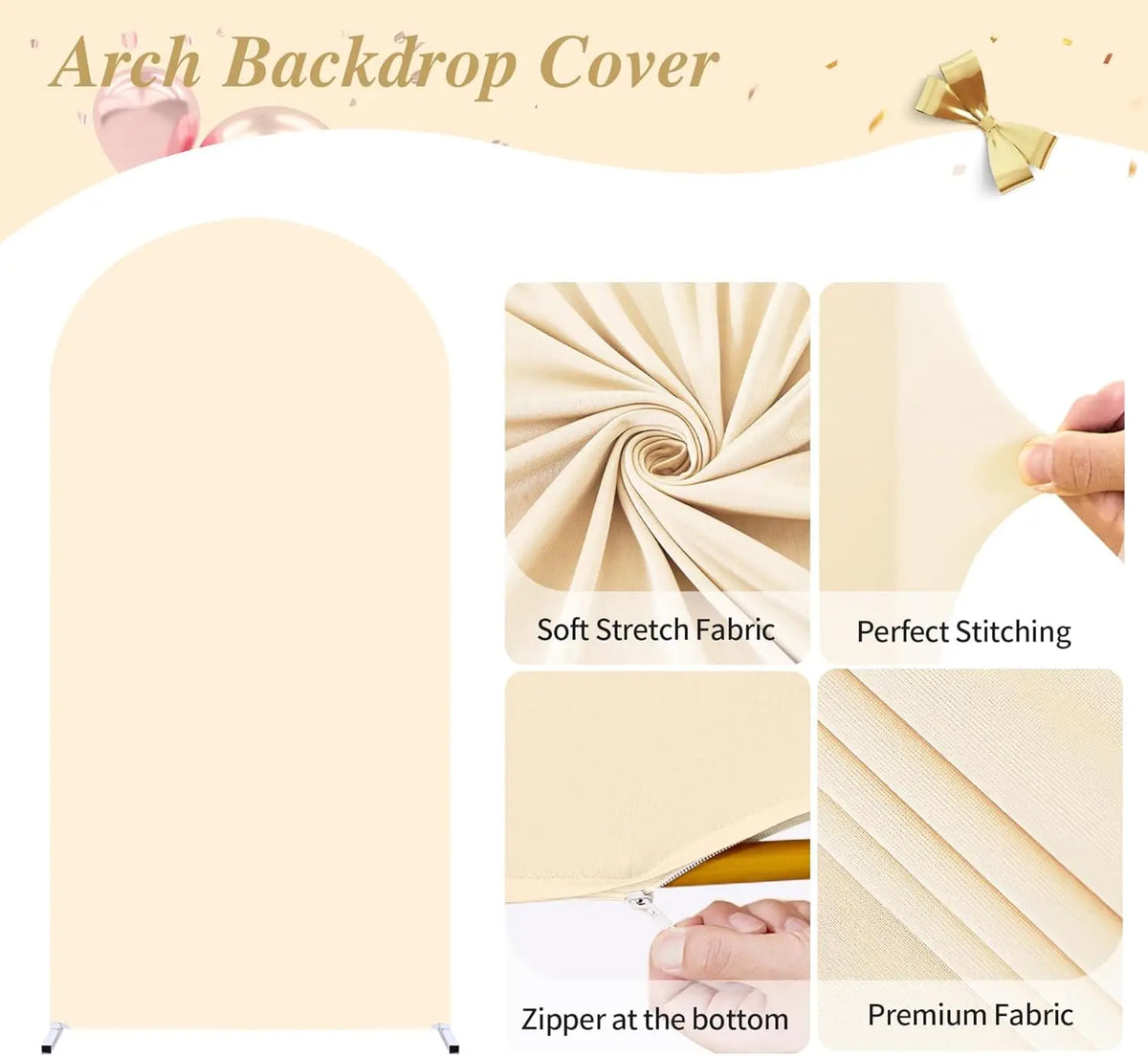 A beige spandex fitted arch backdrop cover showing fabric texture, stitching, and zipper details.
