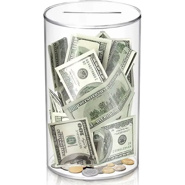 A clear acrylic jar filled with stacked US dollar bills and coins.