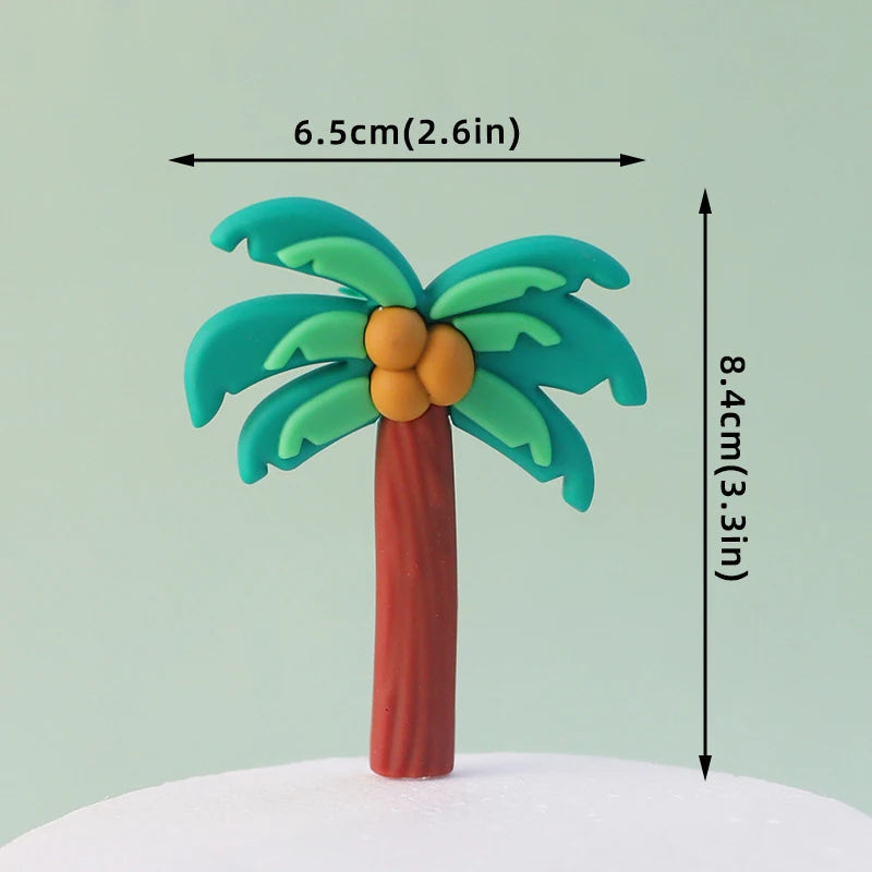 Topper de pastel de dinosaurio de palmera verde con grandes hojas y tronco marrón y fruta amarilla.