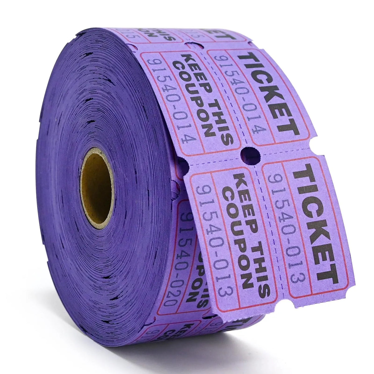 A roll of purple tearable raffle tickets with various ticket designs and numbers.