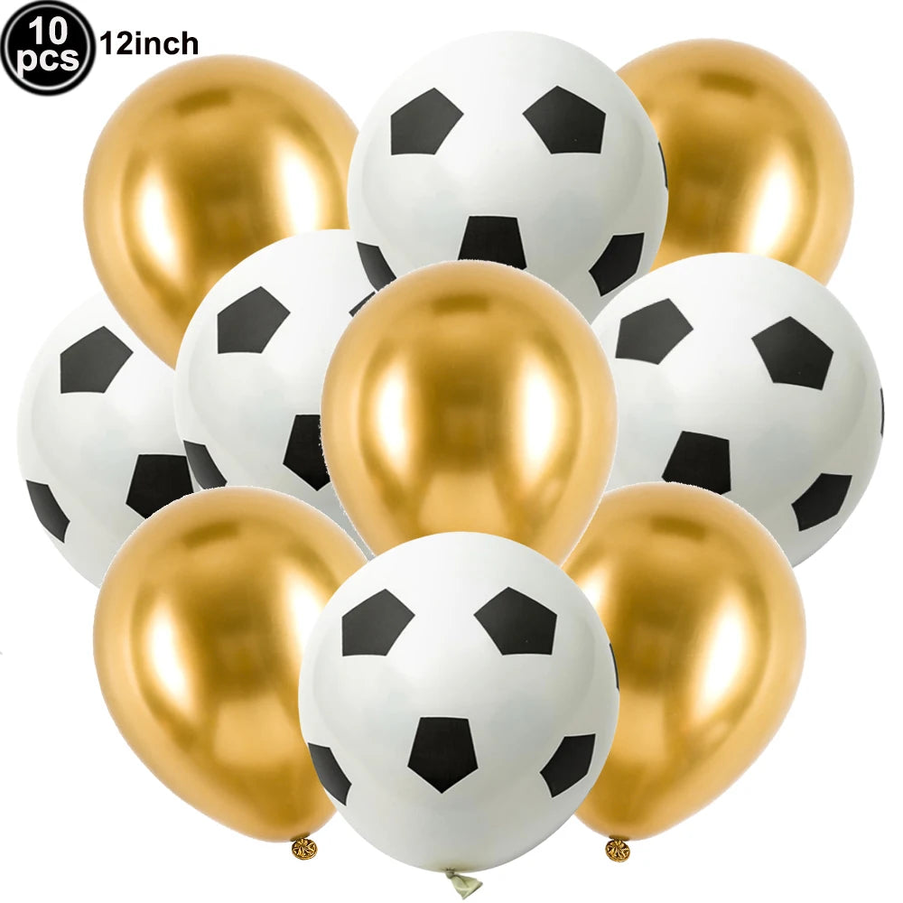 A pack of ten black and white soccer ball-shaped latex balloons for party decorations.