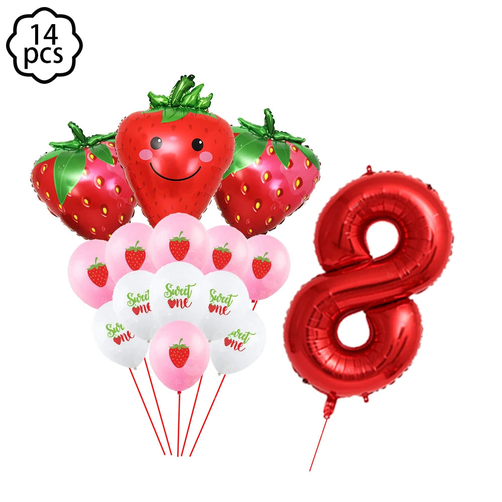 A kit of 14 strawberry-themed party supplies including plates, cups, napkins, and a tablecloth.