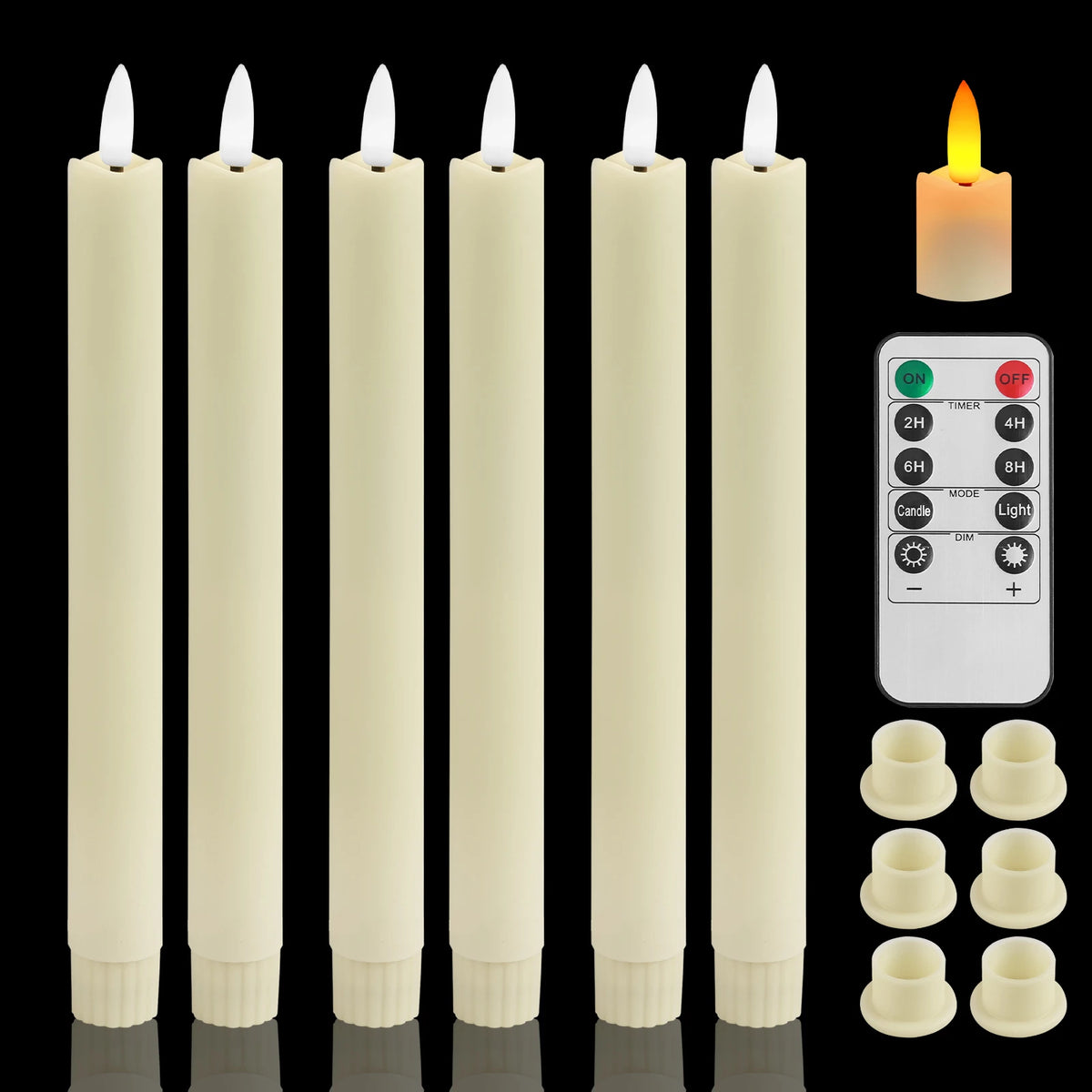 A set of six beige flameless LED taper candles, including one lit candle and a control panel.