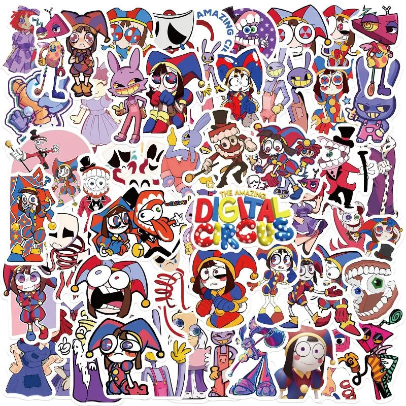 A collection of colorful stickers featuring characters and elements from The Amazing Digital Circus