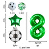 A set of green and silver balloons including a soccer ball, a star, and the number eight balloon.