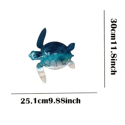 A rustic iron wall art sculpture of a sea turtle with blue and green scales.