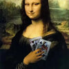 A portrait painting of a woman holding playing cards.