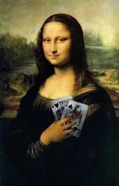 A portrait painting of a woman holding playing cards.