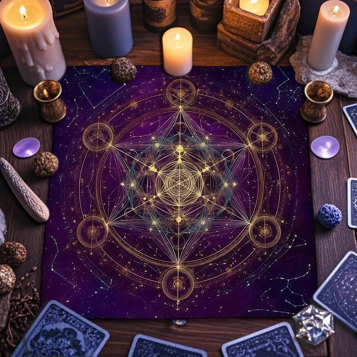 A purple altar cloth featuring intricate golden sacred geometry patterns for tarot and divination