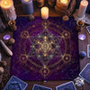 A purple altar cloth featuring intricate golden sacred geometry patterns for tarot and divination