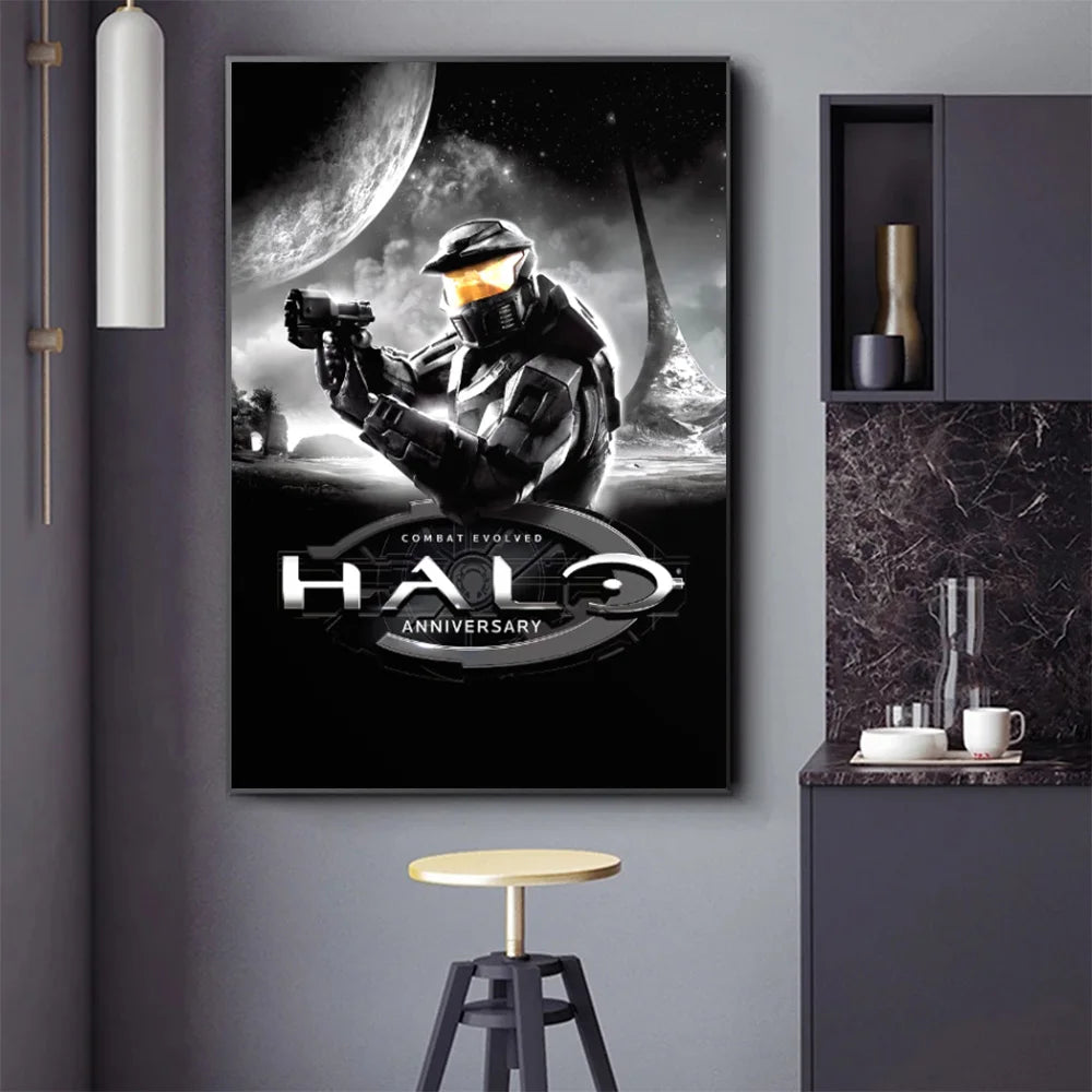 A canvas art print featuring a soldier in tactical gear aiming a weapon against a large moon, titled Halo Anniversary.