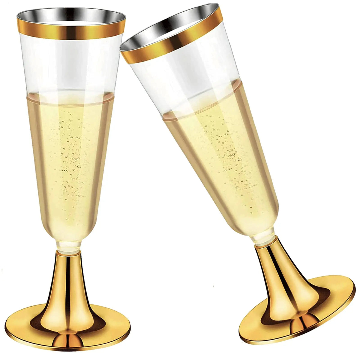 A pair of elegant disposable plastic champagne flutes with gold rims and yellow-tinted liquid.
