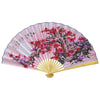 A large decorative Chinese theme wall fan with pink and red floral designs on a light background.