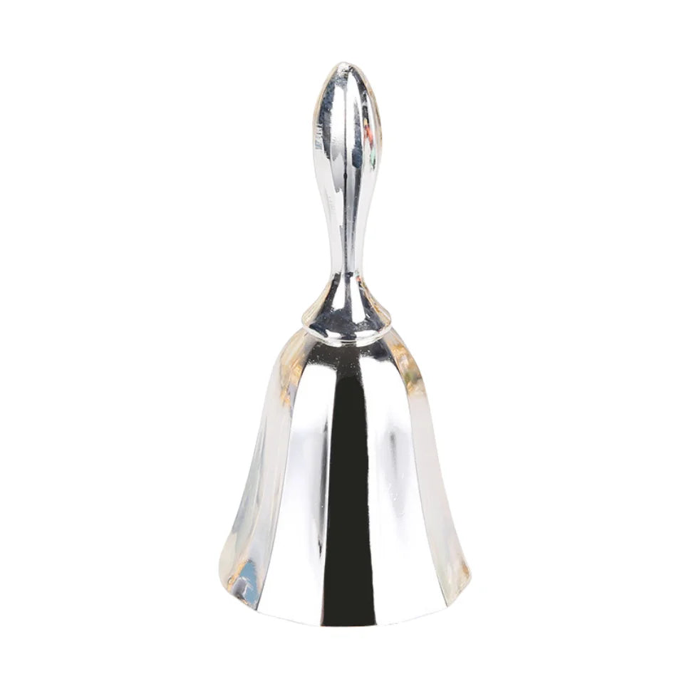 Ornate brass hand call bell with a flared base and pointed top.