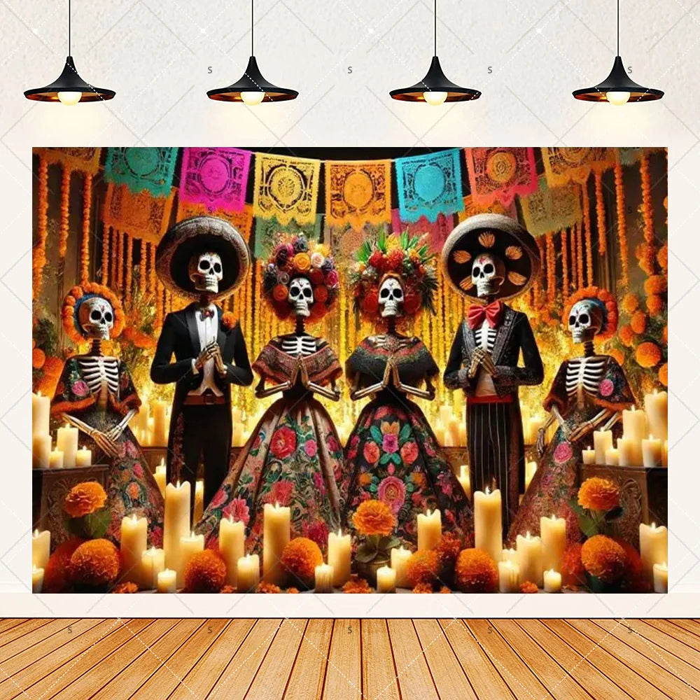 A vibrant Day of the Dead fiesta photo backdrop featuring four ornate floral skull designs.