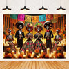 A vibrant Day of the Dead fiesta photo backdrop featuring four ornate floral skull designs.