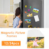 Magnetic picture frames with letters and numbers displayed on a refrigerator door