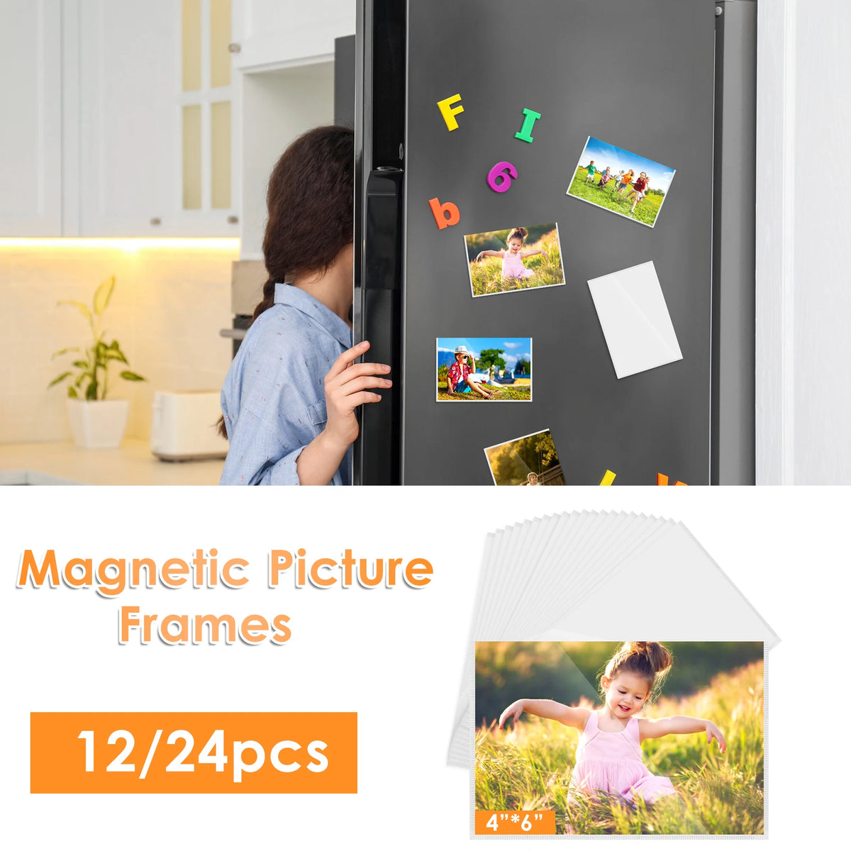 Magnetic picture frames with letters and numbers displayed on a refrigerator door