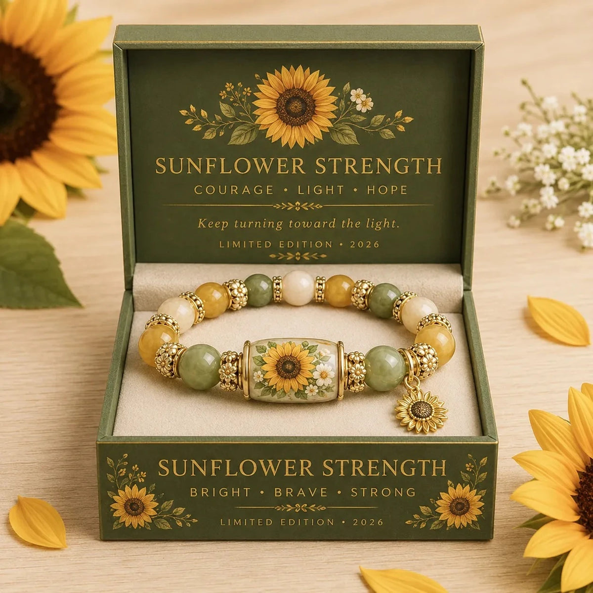 A gold stretch charm bracelet with green and yellow beads is displayed in a natural green box.