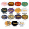 A collection of fifteen natural crystal ellipses including Rose Quartz, Tiger Eye, Amethyst, and Obsidian.