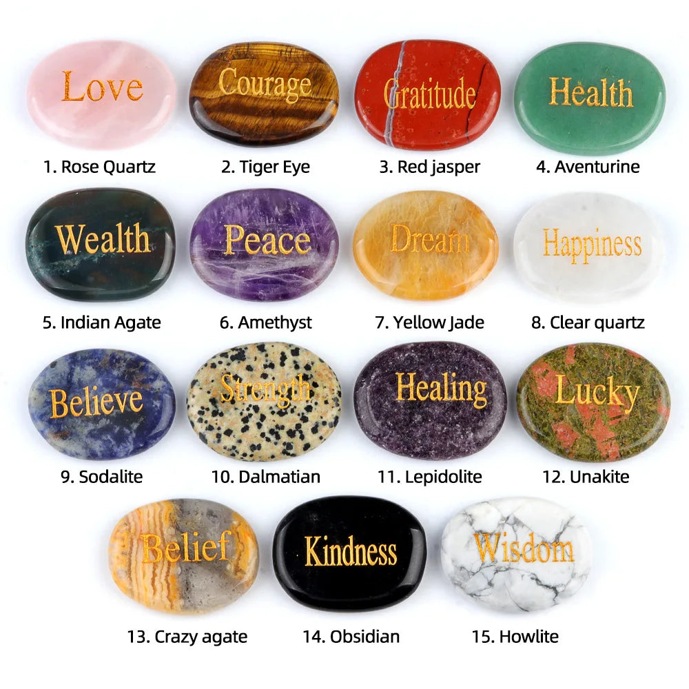 A collection of fifteen natural crystal ellipses including Rose Quartz, Tiger Eye, Amethyst, and Obsidian.