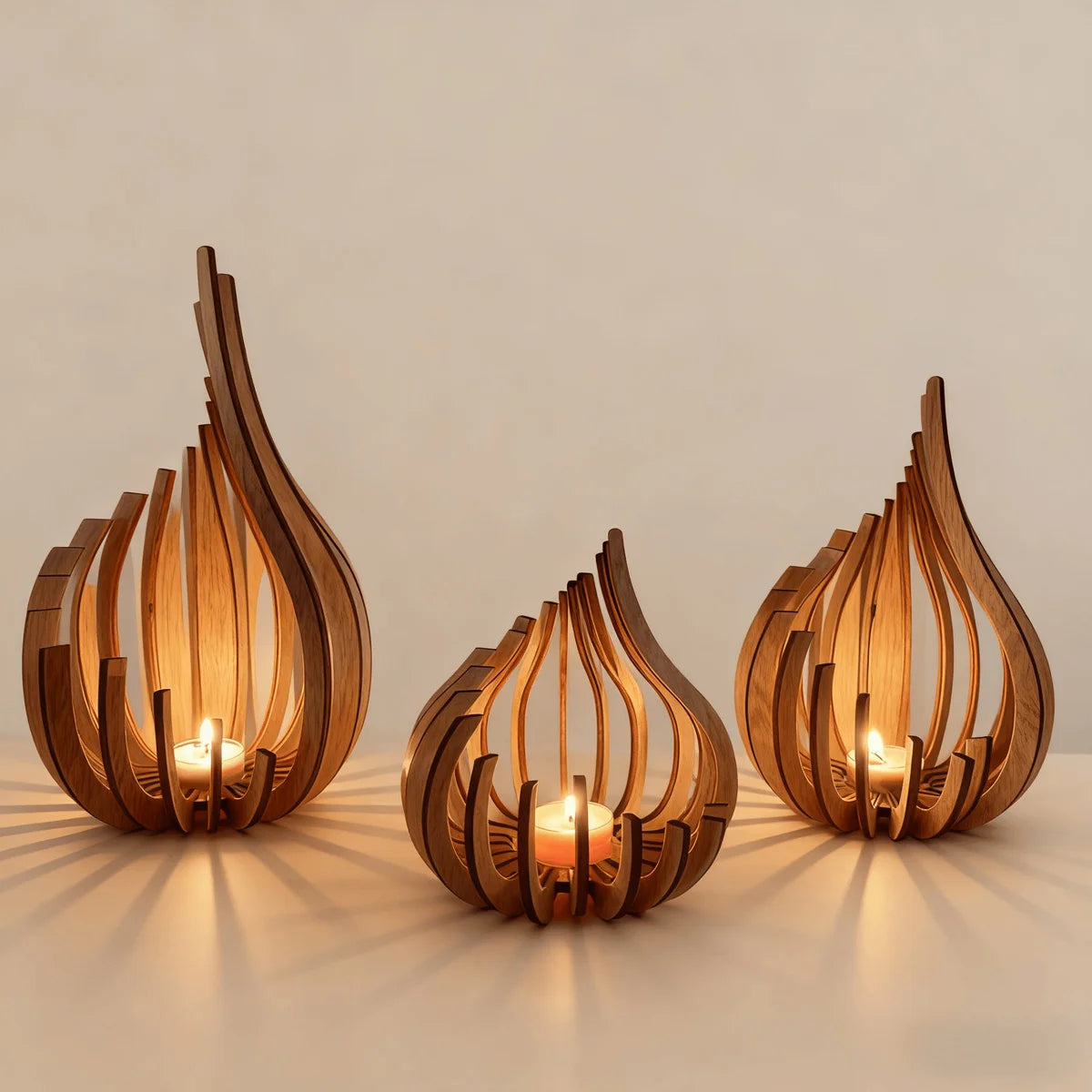 Handcrafted wooden lotus candle holder with a flame, displayed on a light surface.