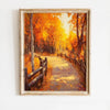 Oil painting of an autumn field landscape featuring a sunlit path bordered by trees and a wooden fence.