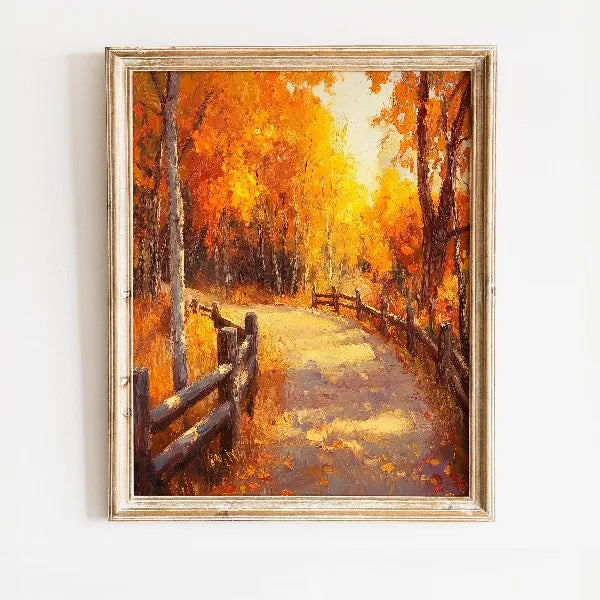 Oil painting of an autumn field landscape featuring a sunlit path bordered by trees and a wooden fence.