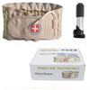 A beige spinal air traction belt is shown in use and packaged in a box.