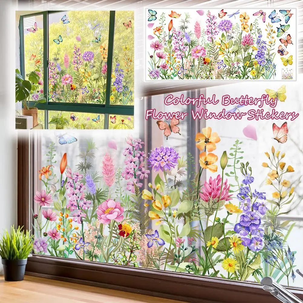 Colorful butterfly and flower window stickers featuring vibrant blooms and insects