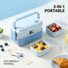 A blue and white 3-in-1 portable bento lunch box set featuring compartments for food and utensils.