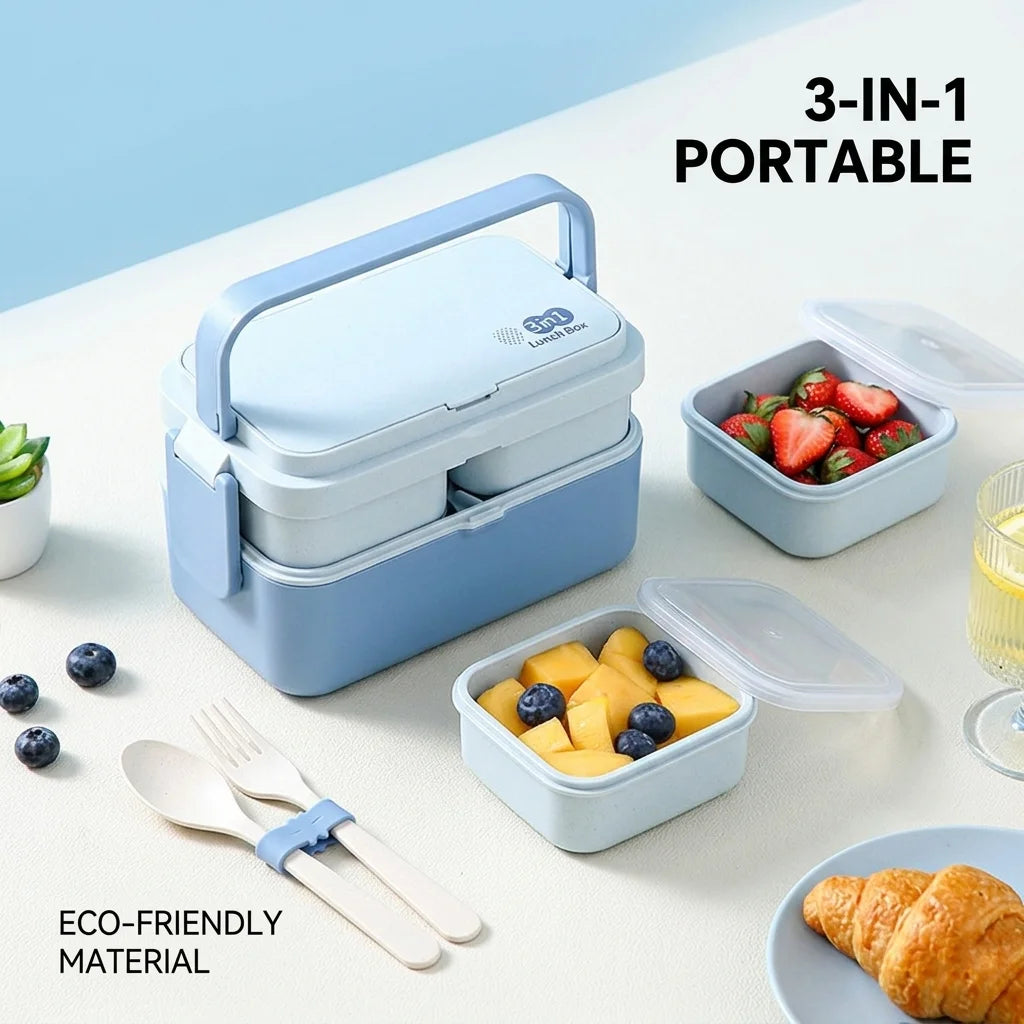 A blue and white 3-in-1 portable bento lunch box set featuring compartments for food and utensils.
