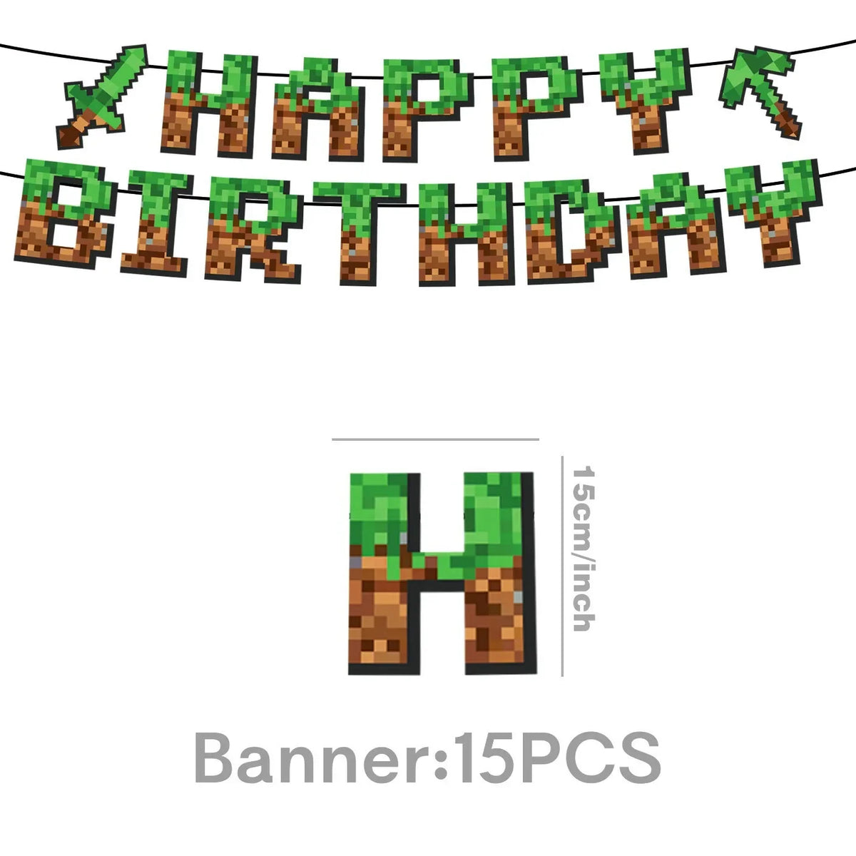 A banner made of pixel art green leaves spelling out HAPPY BIRTHDAY for a Minecraft party decoration.