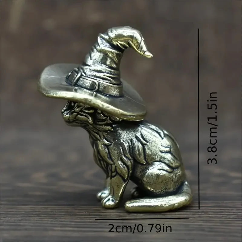 Handgefertigte Kupferstatue einer Katzen-Eule mit Hexenhut